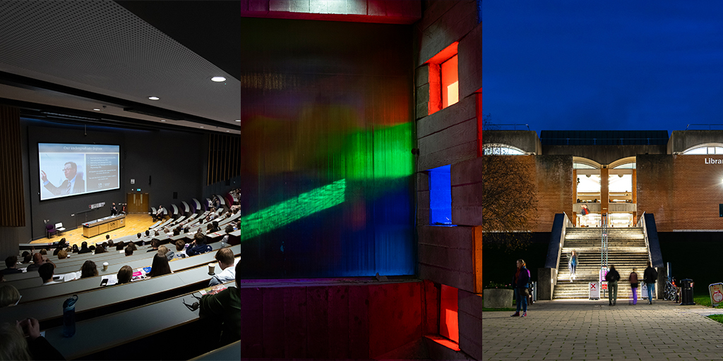 A merged picture of a lecture hall, colourful lights coming through coloured glasses and the library.